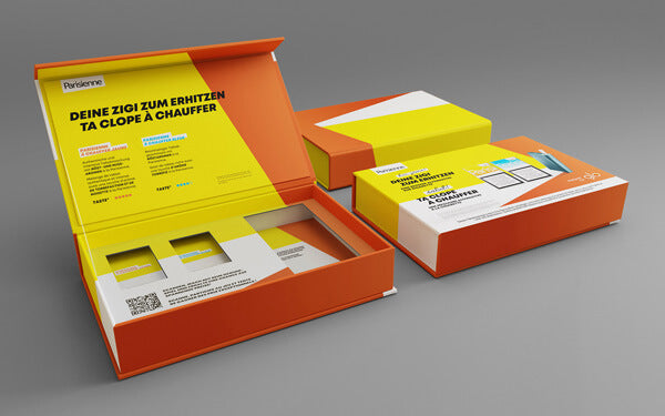 Individuell bedruckte Box mit Magnetverschluss und passgenau bedrucktem Kartoninlay für eine hochwertige Präsentation.
